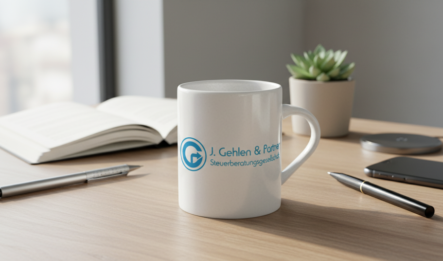 Steuerberatung Gehlen Weiße Tasse mit Logo auf einem Tisch, daneben Notizbuch und Pflanze.