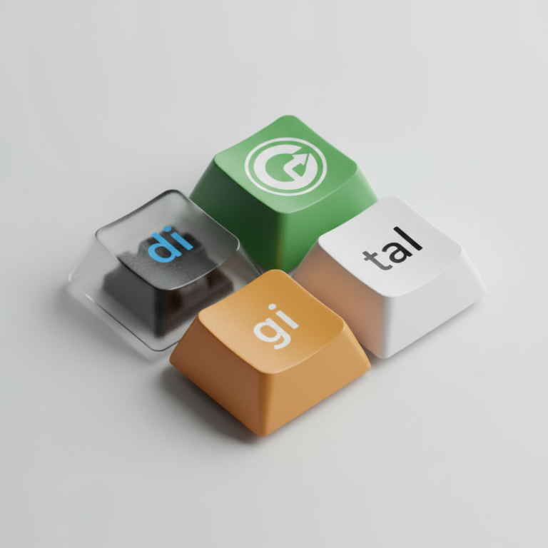 Digitalisierung Bunte Tastenkappen in orange, grün, schwarz und weiß mit den Buchstaben "di", "gi" und "tal".